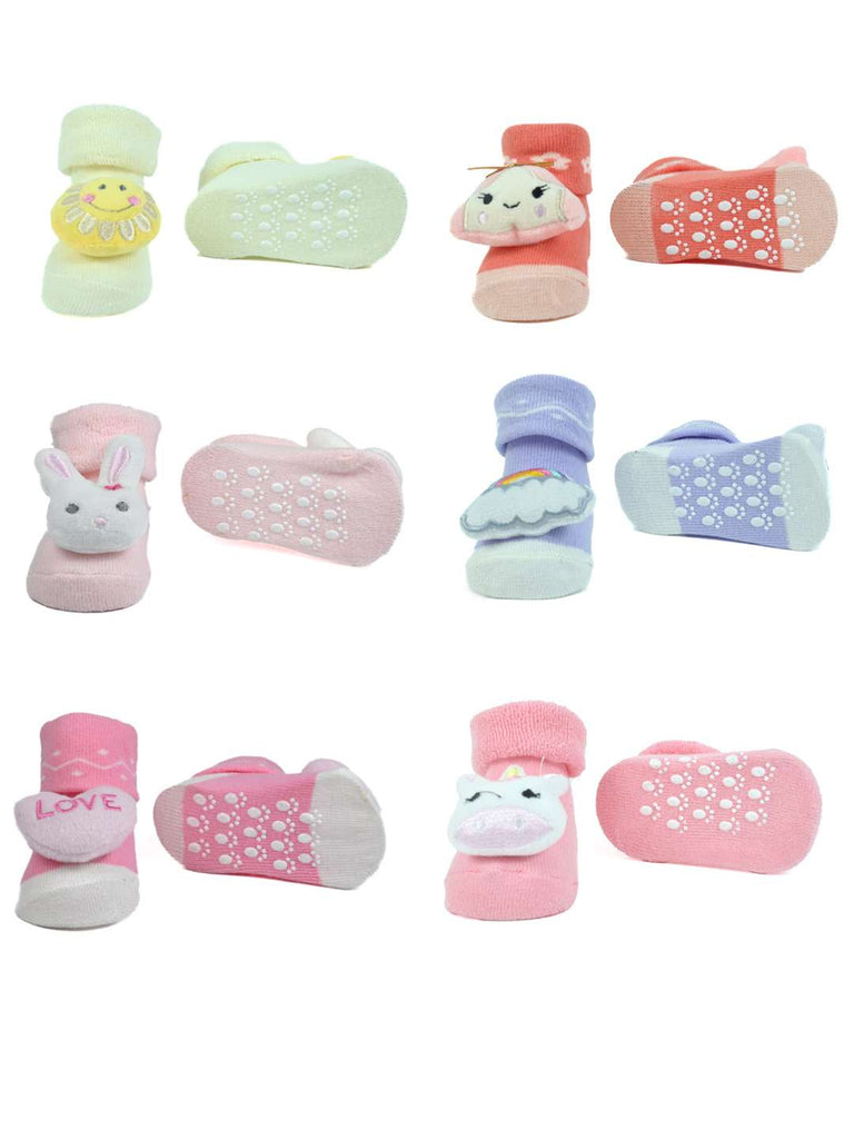 Whimsy Wonders Baby Socks Collection – 6-Pair Set with Love, Bunny, Unicorn & Rainbow Themes-Front & Back View