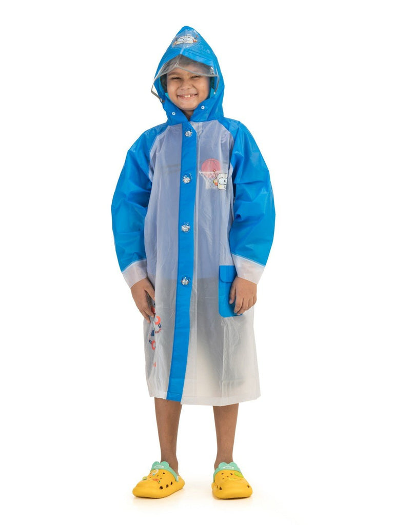 Full view of the White and Blue Robot-Themed Raincoat for Boys by Yellow Bee