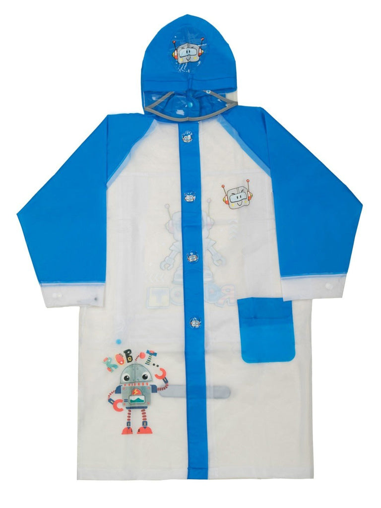 Front view of the White and Blue Robot-Themed Raincoat for Boys by Yellow Bee