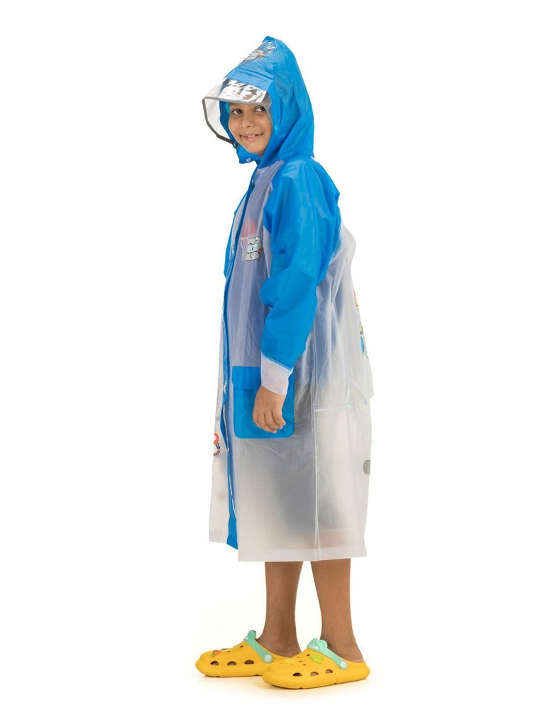 Angle view of the White and Blue Robot-Themed Raincoat for Boys by Yellow Bee