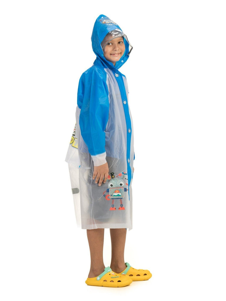 Side view of the White and Blue Robot-Themed Raincoat for Boys by Yellow Bee