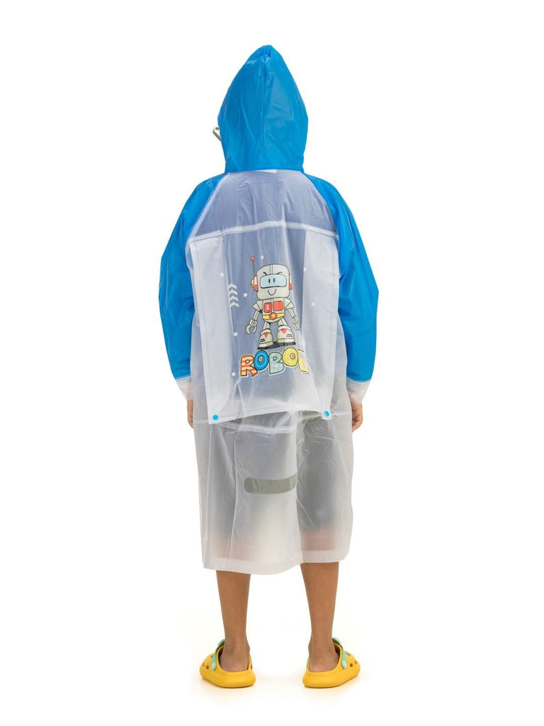 Back view of the White and Blue Robot-Themed Raincoat for Boys by Yellow Bee