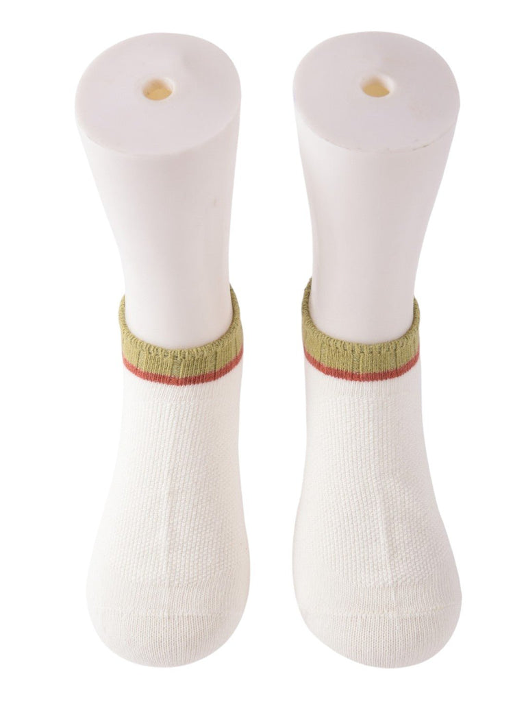 Front design view of Kids' White Ankle Socks highlighting green and red stripe detail.