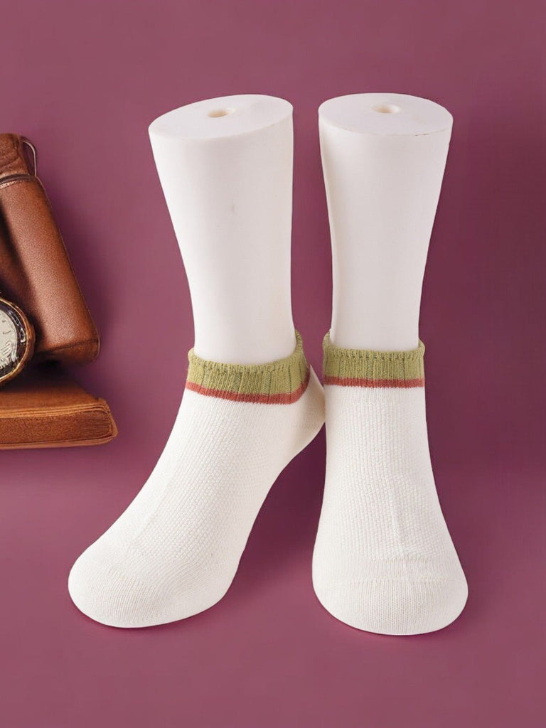 Creative view of Kids' White Ankle Socks with olive green and red stripe detail.