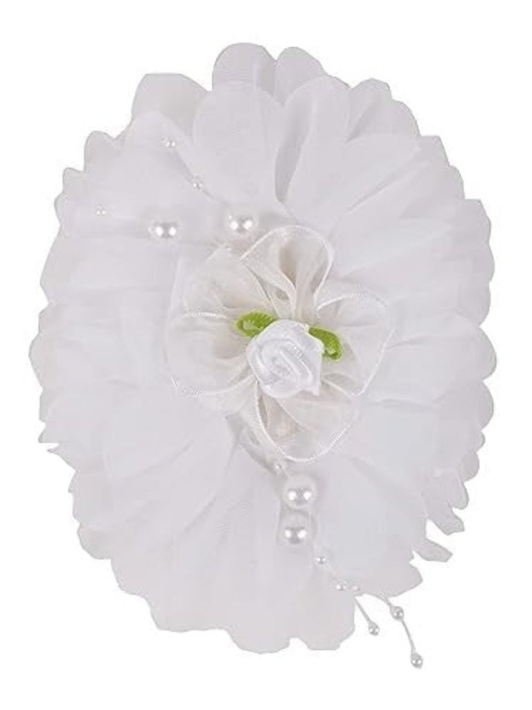 White Big Ruffle Flower Fabric Hair band with Pearl Close Up View