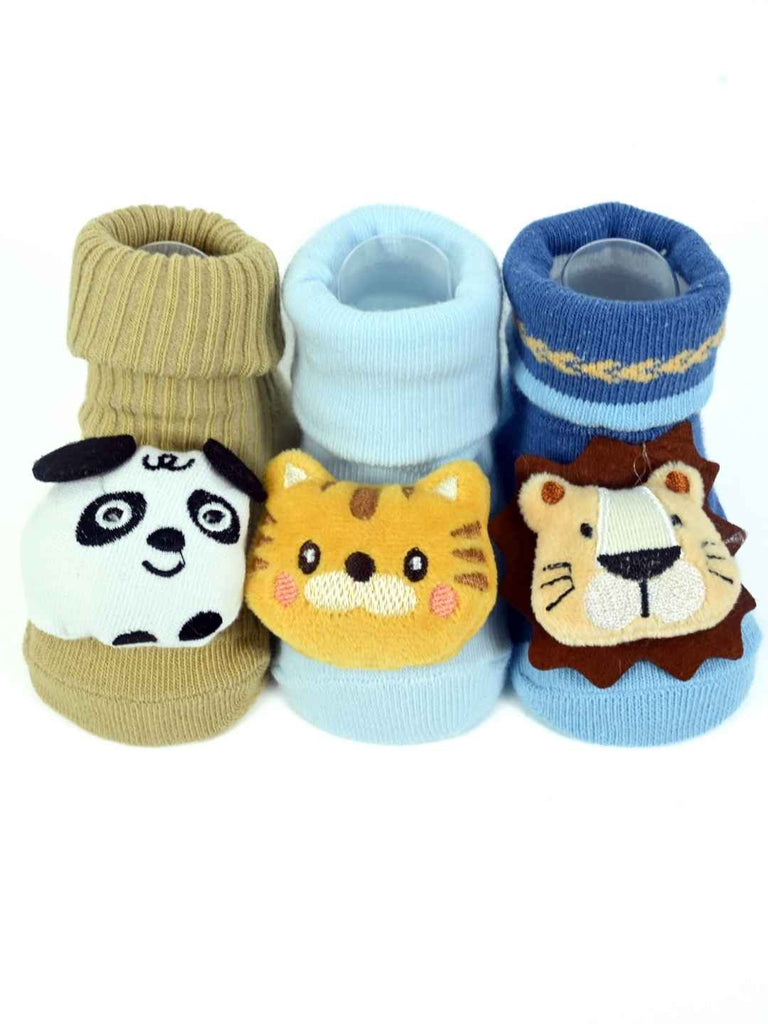 Wild & Whiskered Baby Socks Combo – Lion, Tiger & Panda Faces in Soft Knit Booties-Front View