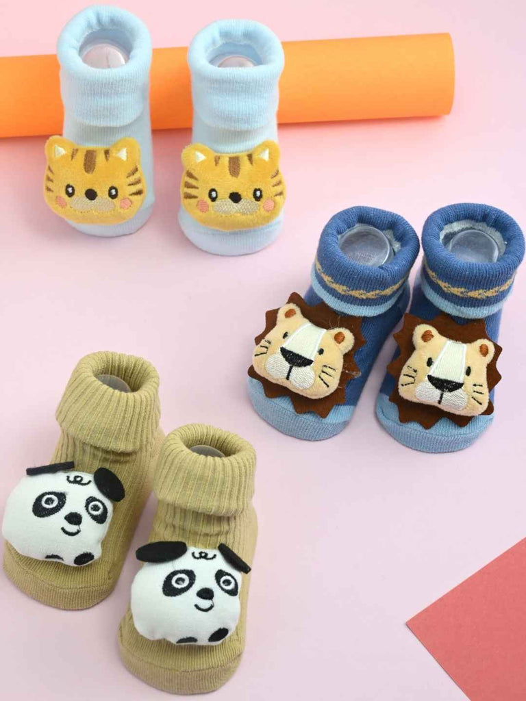 Wild & Whiskered Baby Socks Combo – Lion, Tiger & Panda Faces in Soft Knit Booties- Creative view