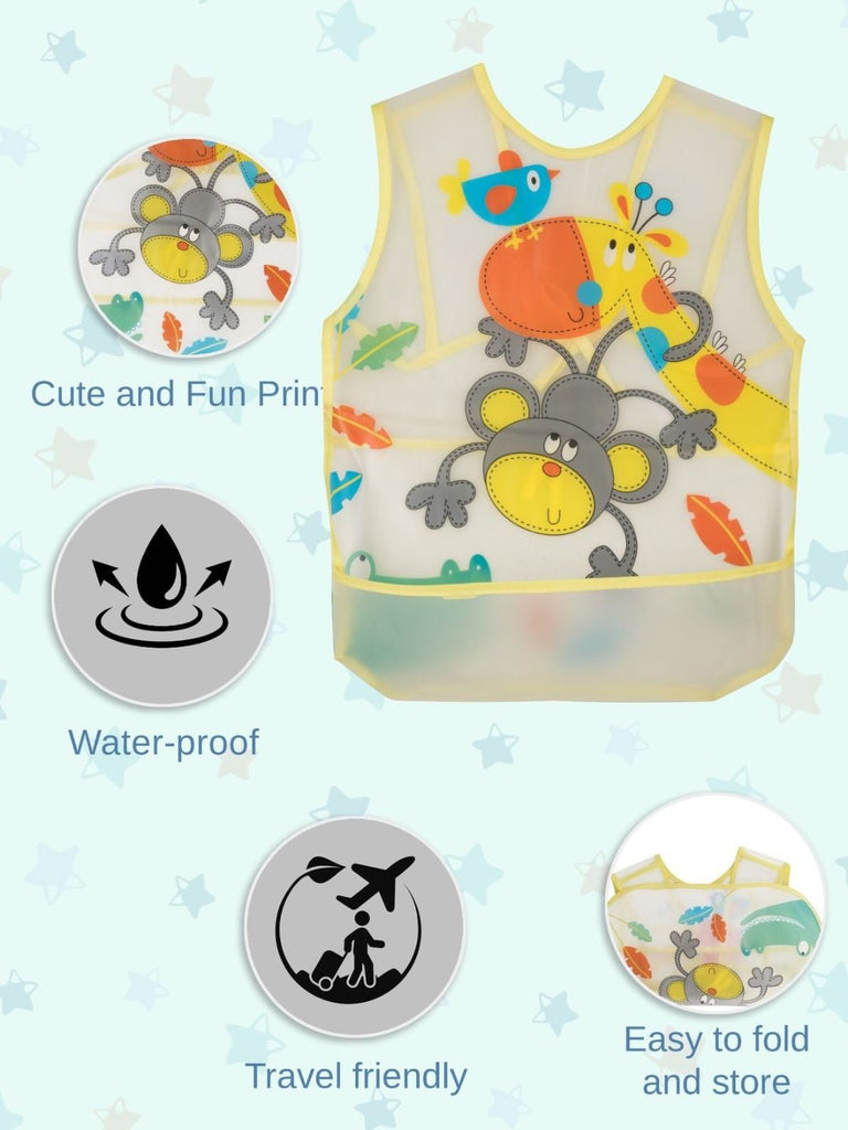 Detailed view of the Yellow Bee Wild Wonders waterproof baby bibs emphasizing their features and design.