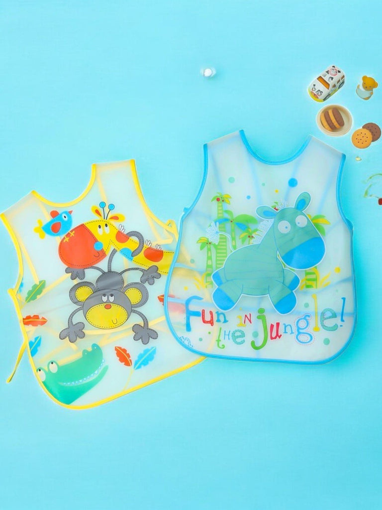 Creative display of the Yellow Bee Wild Wonders waterproof baby bibs showing playful and colorful jungle designs..