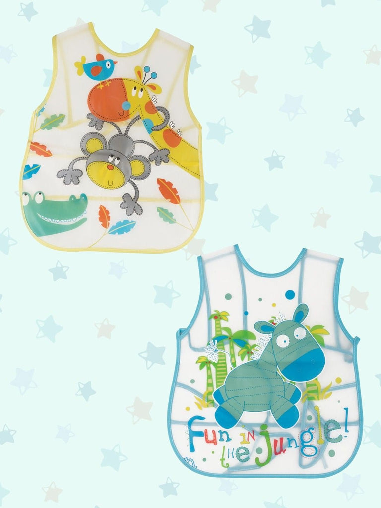 Two-set combo of Wild Wonders waterproof baby bibs for boys featuring jungle-themed designs.