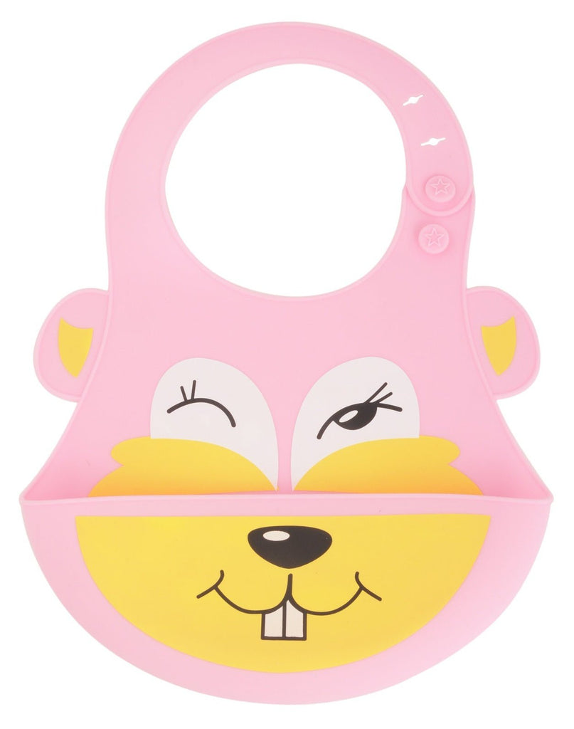 Front view of Yellow Bee Easy Clean Silicone Bib with Crumb Collector, Pink, featuring a cute winking bear design.