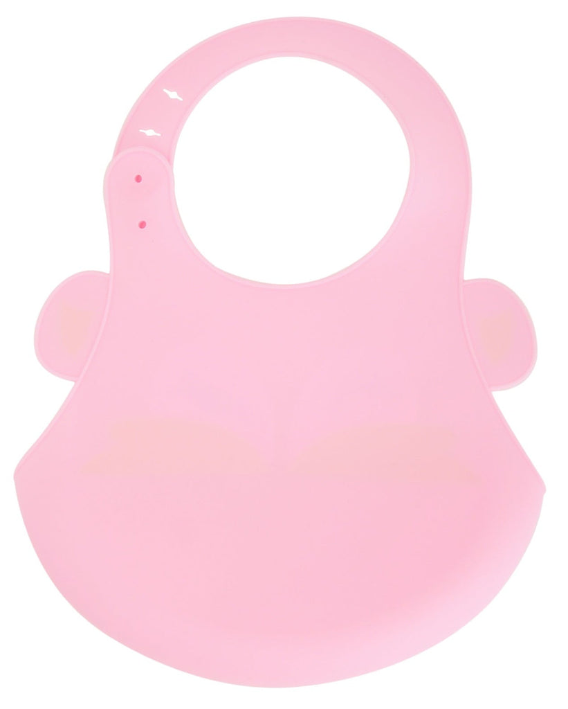  Back view of the Yellow Bee Easy Clean Silicone Bib with Crumb Collector, Pink.