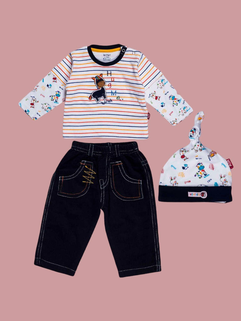 Wow Boys Playful Animal Print Striped T-Shirt Denim Pants and Matching Beanie Set Full View