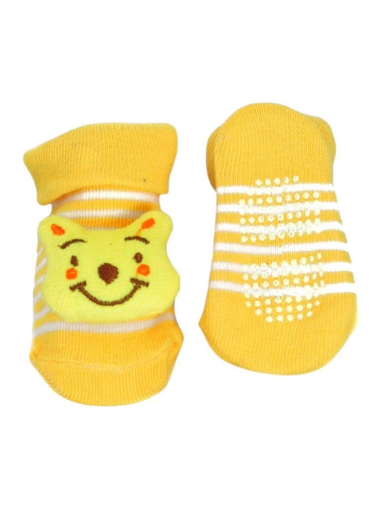 Front and back view of yellow baby booties with a fun 3D bear face design, perfect for newborns and infants.