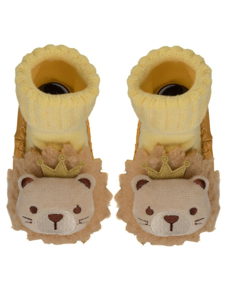 Top view of yellow baby moccasin socks with lion design showcasing soft, comfortable fit.