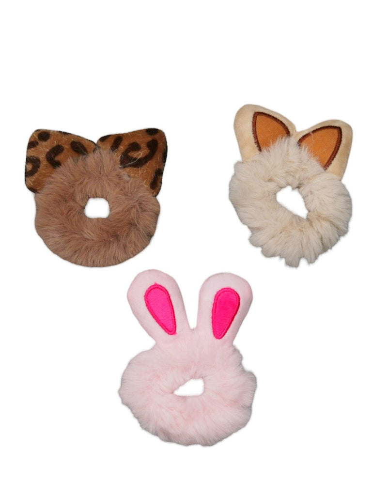 Yellow Bee fur scrunchies with bunny, leopard, and cat ears.