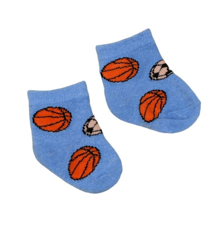 Blue baby socks with orange basketball pattern by Yellow Bee