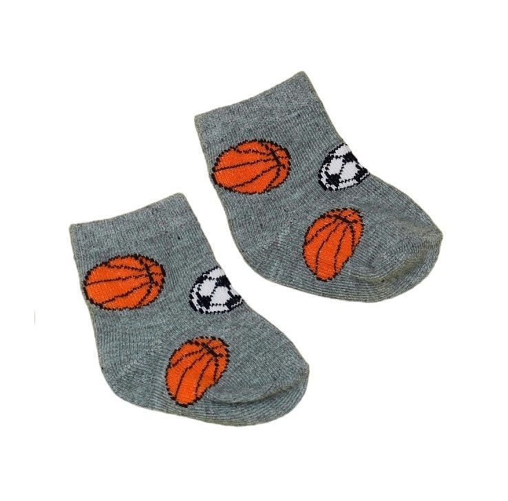 Grey baby socks featuring basketball print, by Yellow Bee"