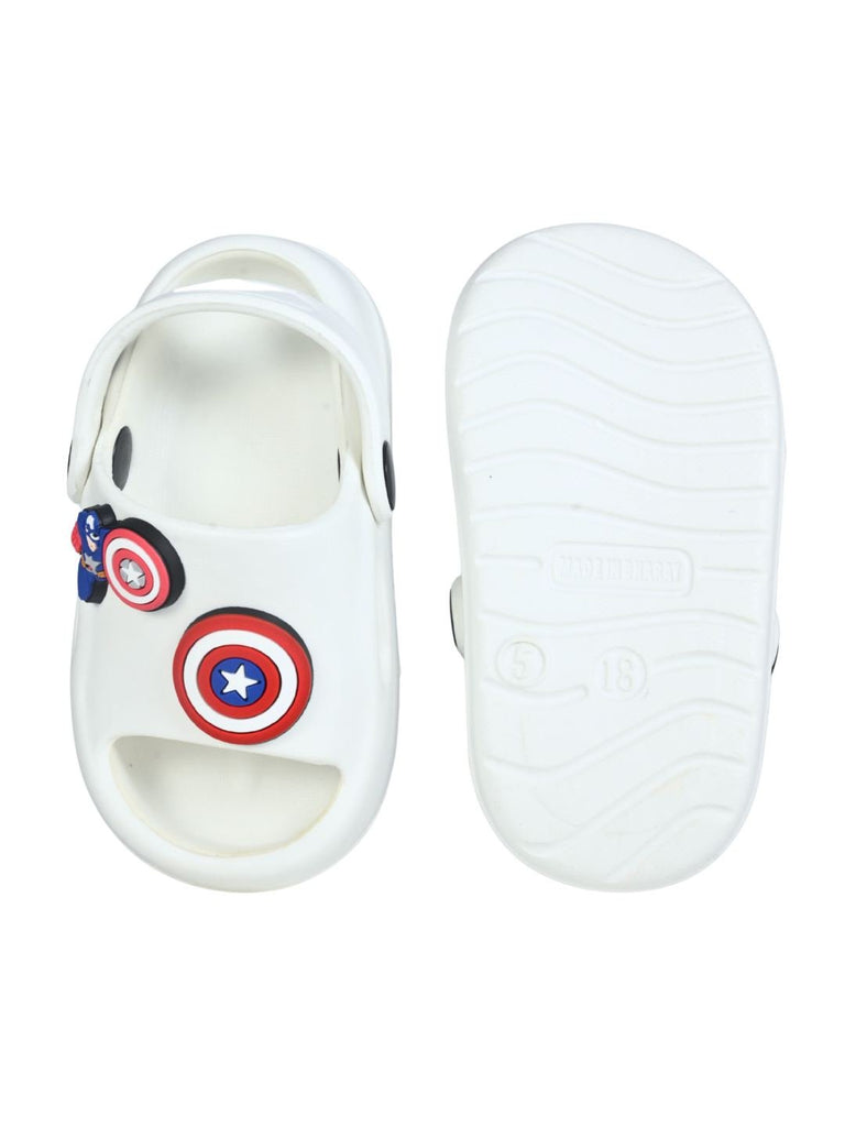 Yellow Bee Boys’ Captain America Shield & Hero Charm Sandals – White  Front & Back View View
