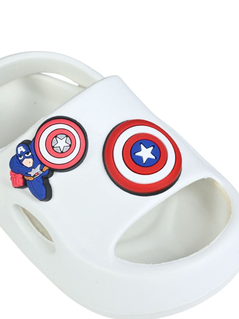 Yellow_Bee_Boys_Captain_America_Shield_Hero_Charm_Sandals_White_Closeup View