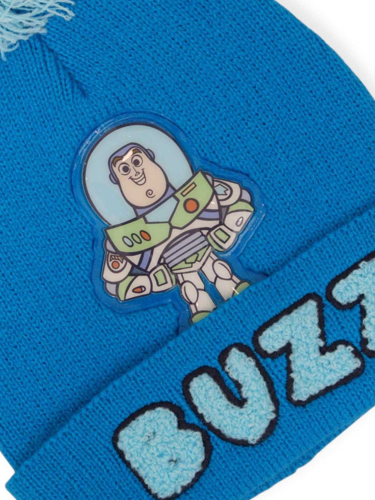 Yellow Bee Boy's Disney Buzz Lightyear Pom Pom Winter Hats- Navy Blue-Showing BUZZ design