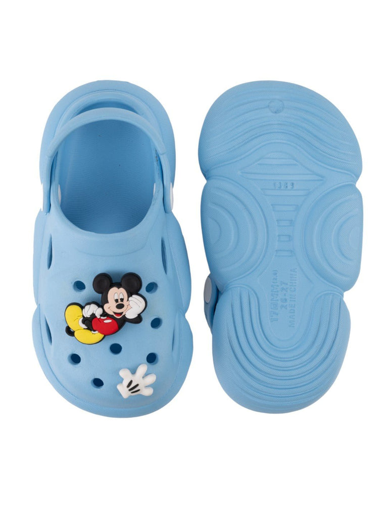 Yellow Bee Boy's Disney Clogs with Rotating Mickey Mouse & Glove Charms- Blue-Front & Back View