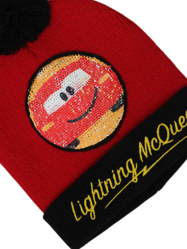 Yellow Bee Boy's Disney Lightning McQueen Flip Sequins Pom Pom Winter Hats - Red & Black-Close up View