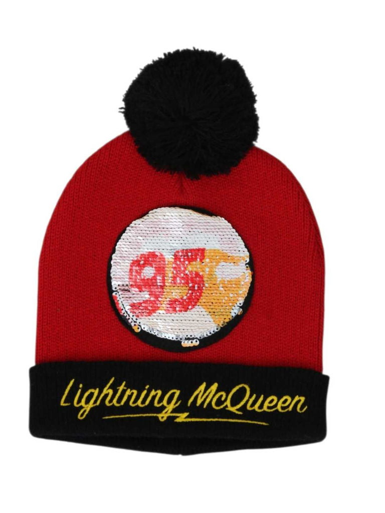 Yellow Bee Boy's Disney Lightning McQueen Flip Sequins Pom Pom Winter Hats - Red & Black-Front View