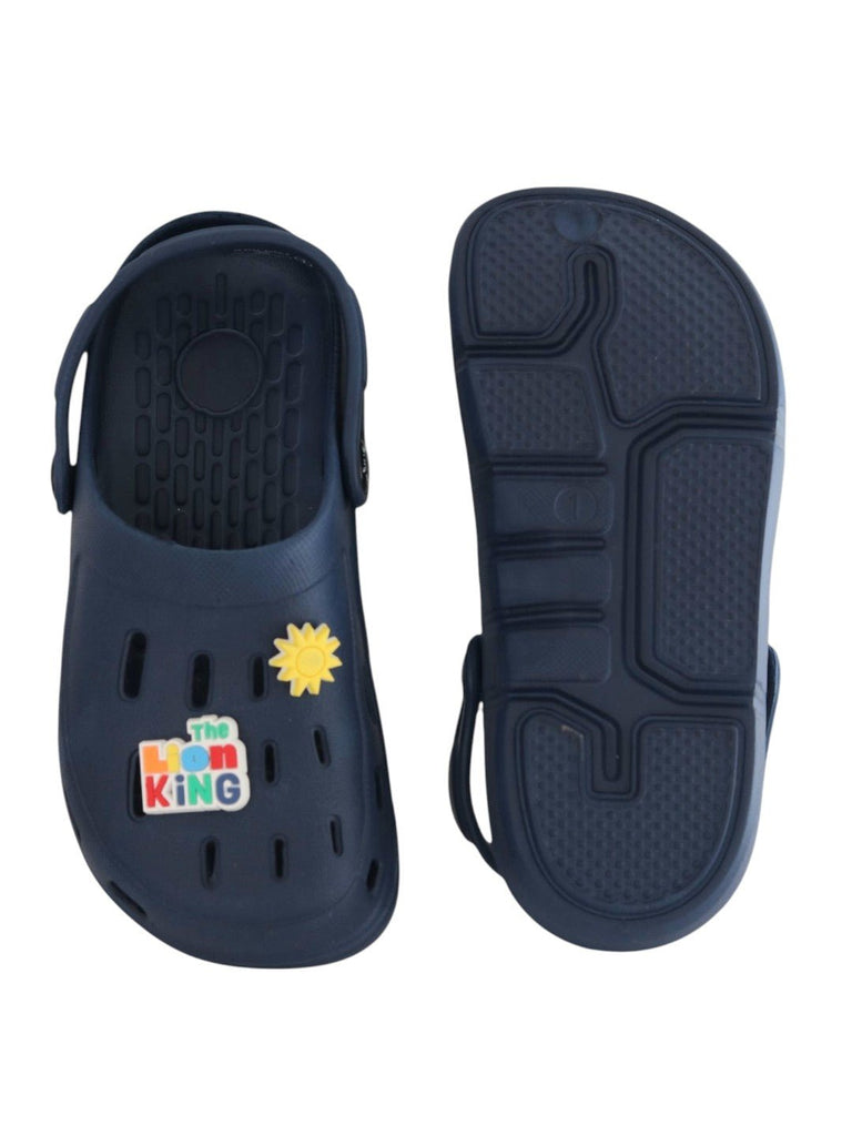 Yellow Bee Boys’ Disney Lion King Clogs with Simba, Rainbow, Sun & Logo Charms – Navy Blue - Front & Back View