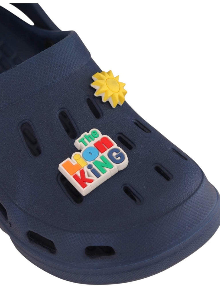 Yellow Bee Boys’ Disney Lion King Clogs with Simba, Rainbow, Sun & Logo Charms – Navy Blue - Close Up View