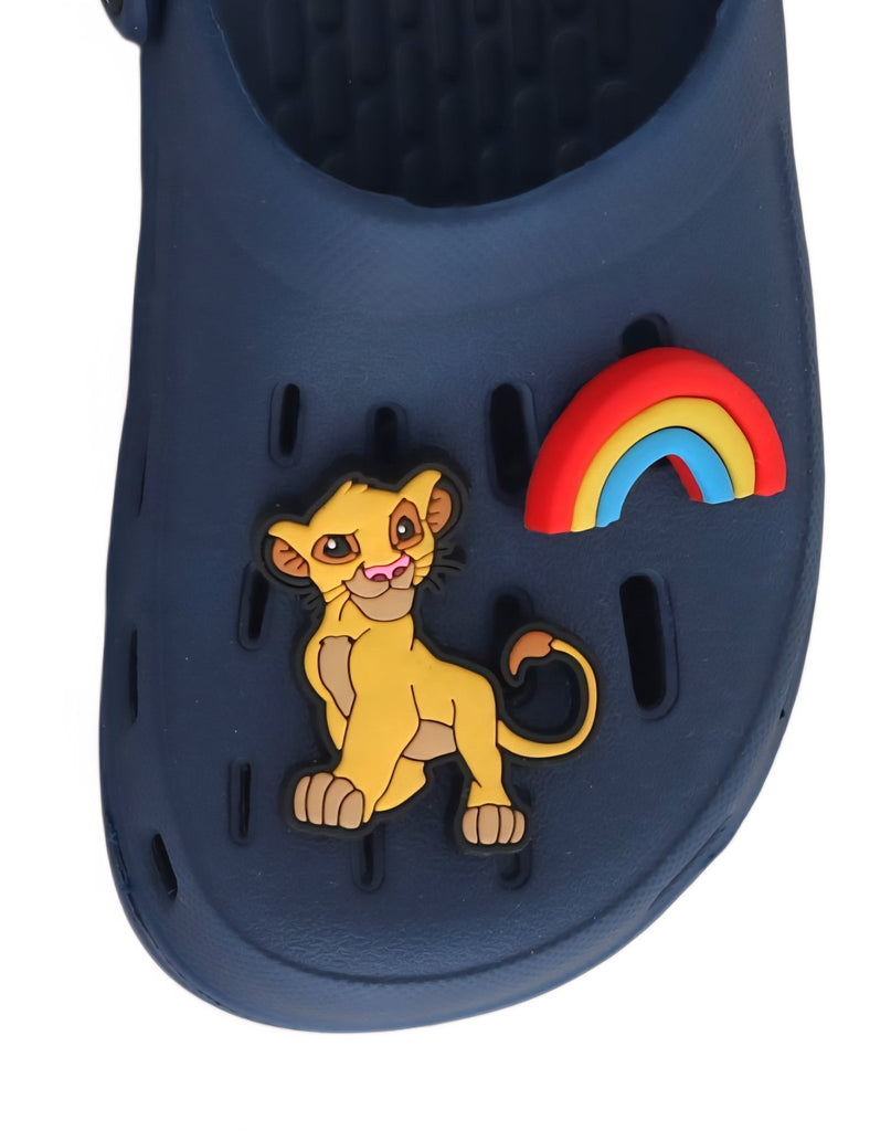 Yellow Bee Boys’ Disney Lion King Clogs with Simba, Rainbow, Sun & Logo Charms – Navy Blue - Zoom View