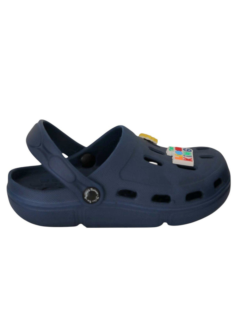 Yellow Bee Boys’ Disney Lion King Clogs with Simba, Rainbow, Sun & Logo Charms – Navy Blue - Side View