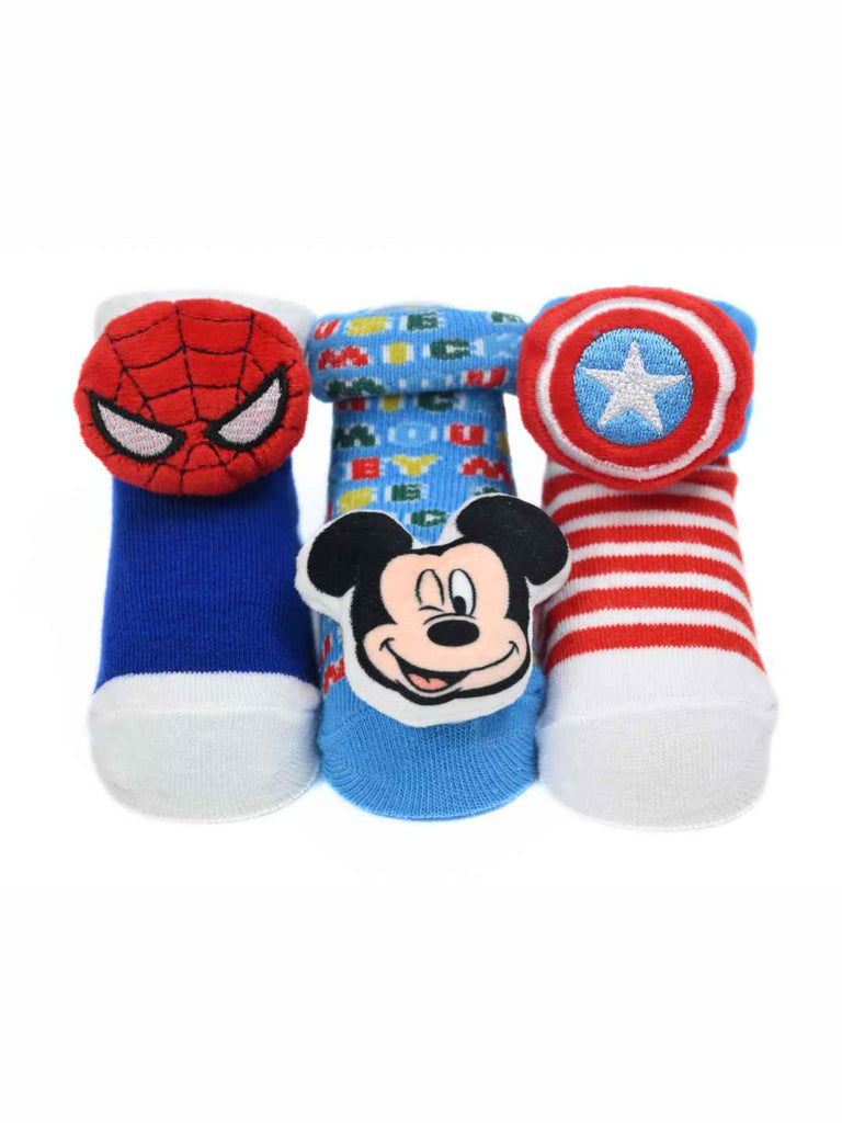 Yellow Bee Boy's Disney & Marvel Adventure Spider-Man, Captain America & Mickey Socks- Blue & Red - Front Zoom View