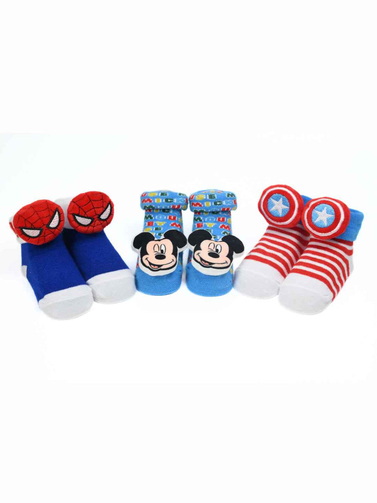 Yellow Bee Boy's Disney & Marvel Adventure Spider-Man, Captain America & Mickey Socks- Blue & Red - Front View