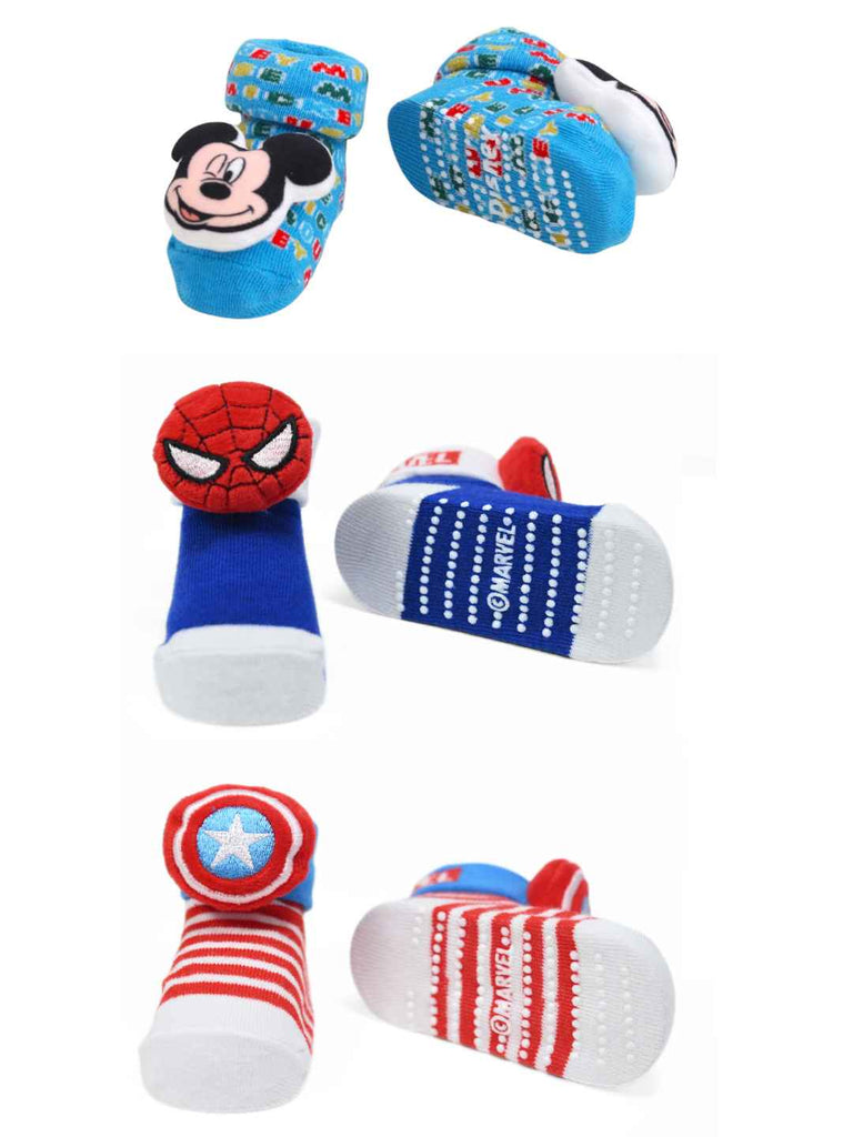 Yellow Bee Boy's Disney & Marvel Adventure Spider-Man, Captain America & Mickey Socks- Blue & Red - Front & Back View