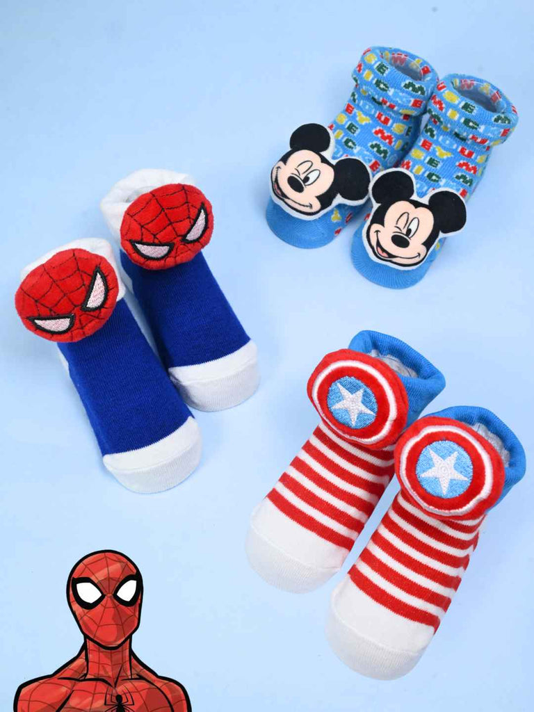 Yellow Bee Boy's Disney & Marvel Adventure Spider-Man, Captain America & Mickey Socks- Blue & Red - Creative View