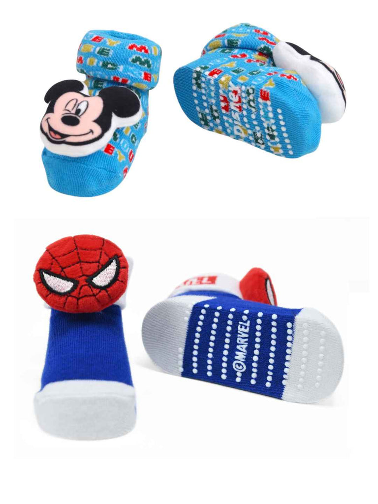 Yellow Bee Boys' Disney & Marvel Superhero Spider-Man and Mickey Mouse Combo Socks – Blue -  Front & Back View