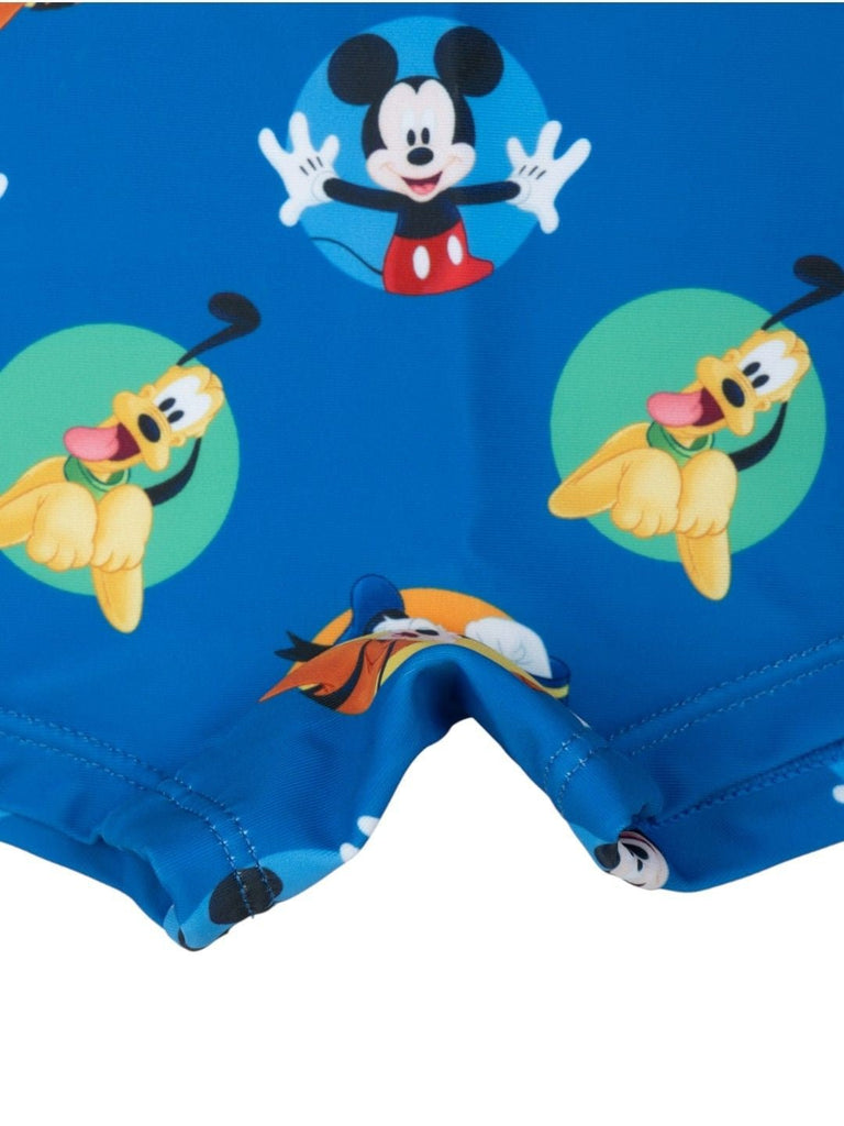 Yellow Bee Boys’ Disney Mickey, Donald & Pluto Theme Swim Shorts- Allover Beach Print in Blue-Bottom Close Up View