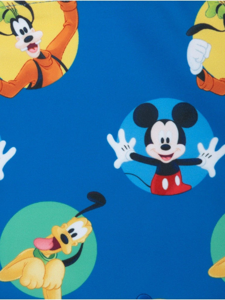 Yellow Bee Boys’ Disney Mickey, Donald & Pluto Theme Swim Shorts- Allover Beach Print in Blue-Showing Design