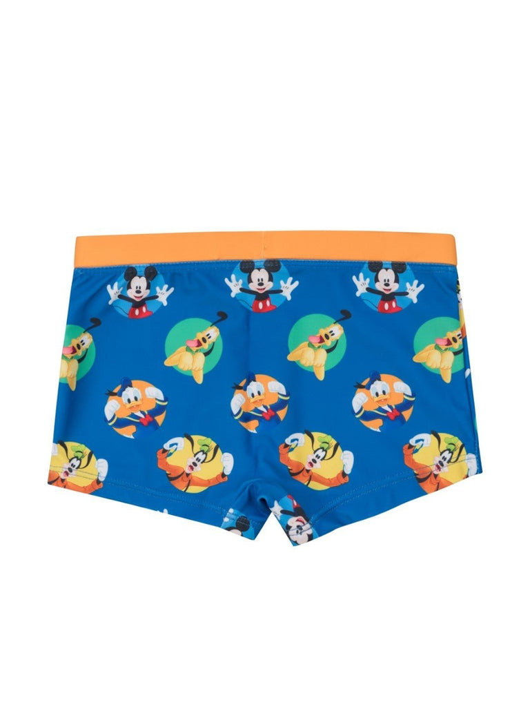 Yellow Bee Boys’ Disney Mickey, Donald & Pluto Theme Swim Shorts- Allover Beach Print in Blue-Back View