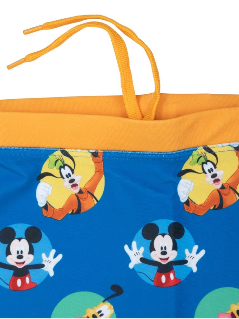 Yellow Bee Boys’ Disney Mickey, Donald & Pluto Theme Swim Shorts- Allover Beach Print in Blue-Close up view