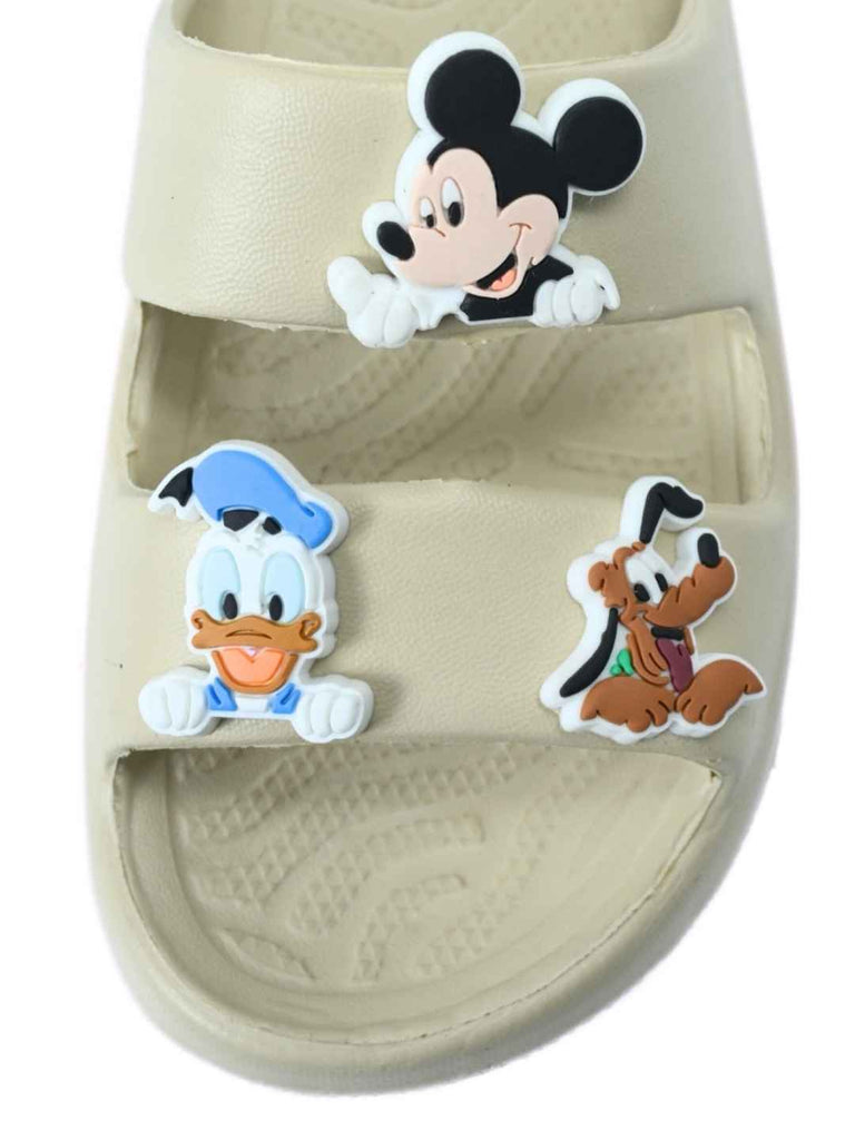 Yellow Bee Boys’ Disney Mickey, Donald & Pluto Charms Slides- Beige- Front View