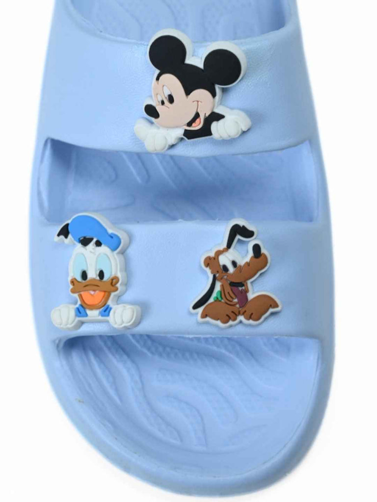 Yellow Bee Boys’ Disney Mickey, Donald & Pluto Charms Slides- Blue-Front View