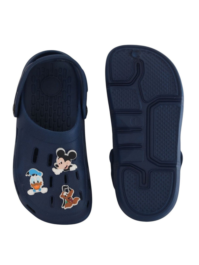 Yellow Bee Boys’ Disney Mickey, Donald & Pluto Clogs with Character Charms – Navy Blue - Front & Back View