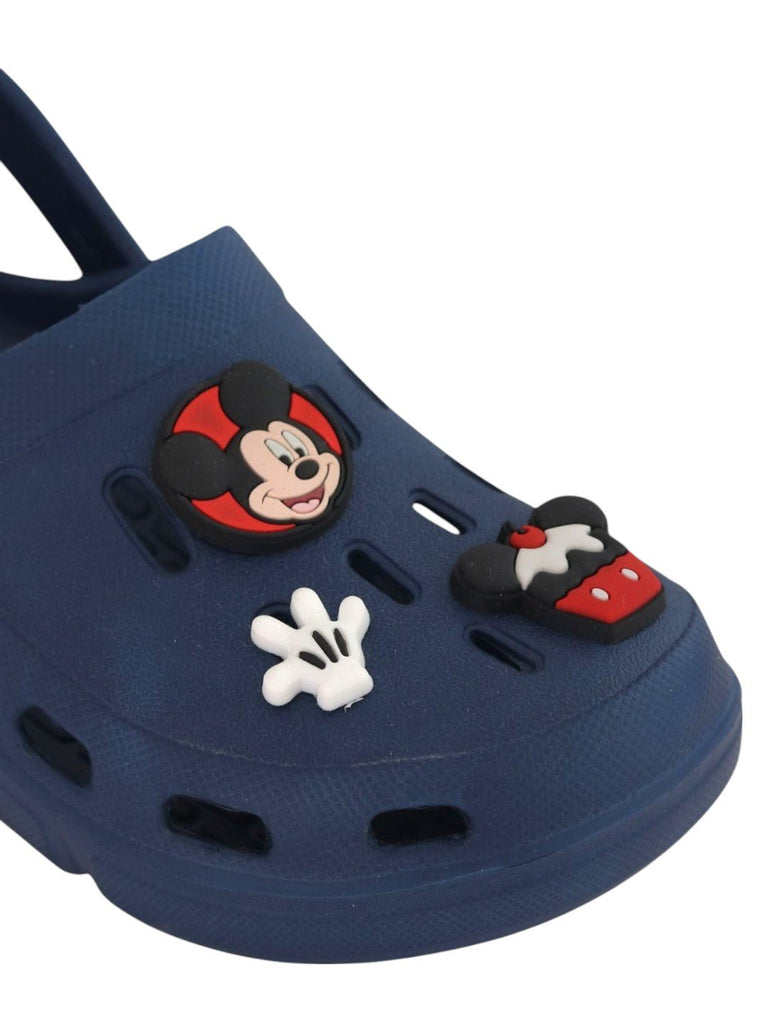 Yellow Bee Boys’ Disney Mickey Mouse Clogs with Cupcake & Glove Charms – Navy Blue- Closeup View