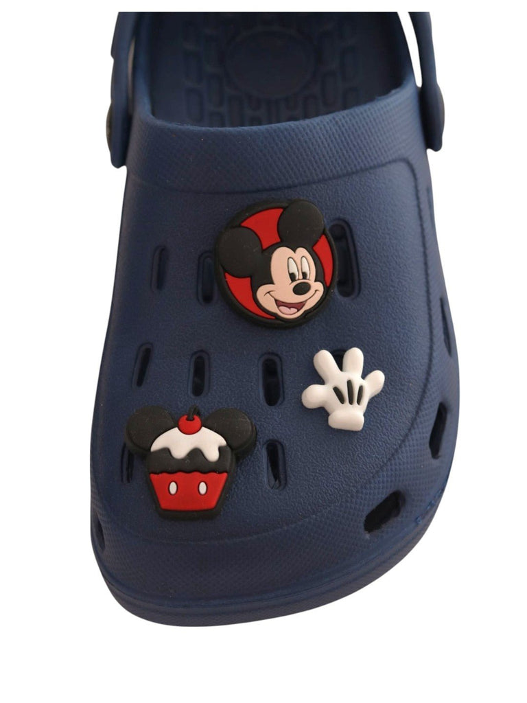 Yellow Bee Boys’ Disney Mickey Mouse Clogs with Cupcake & Glove Charms – Navy Blue- Front View