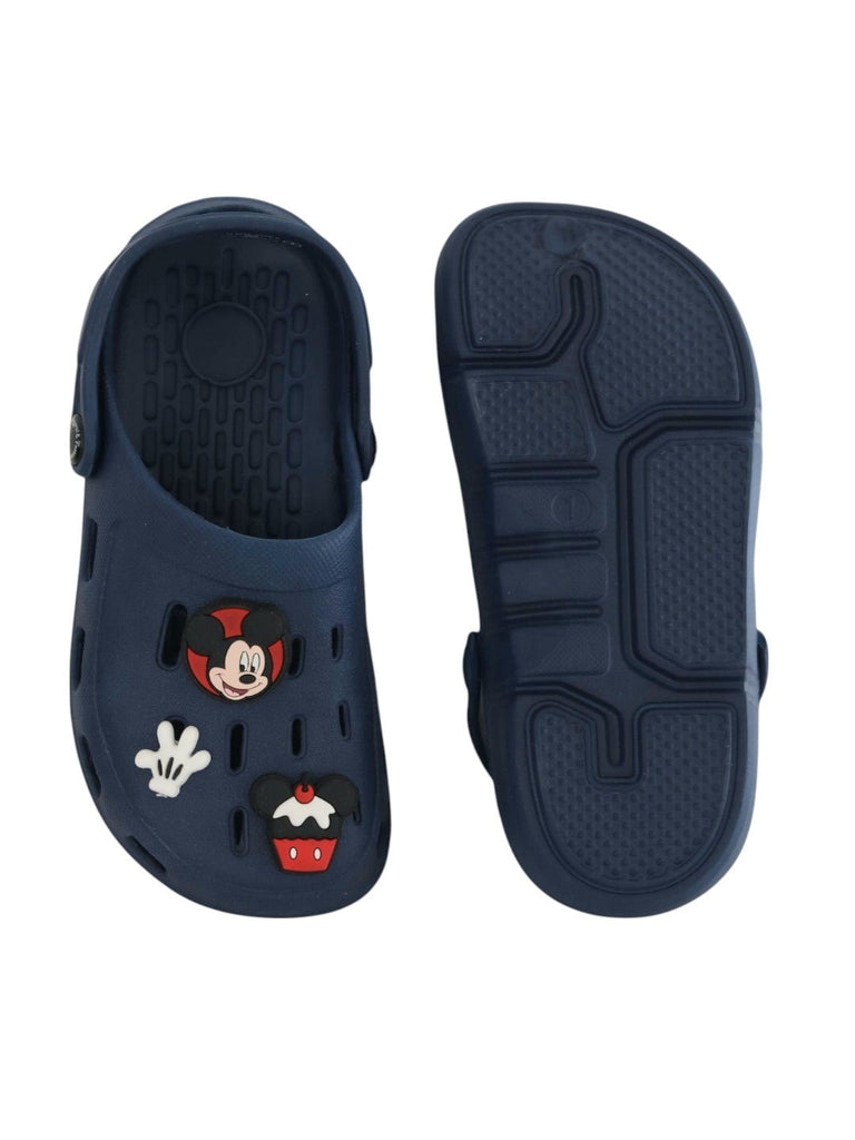 Yellow Bee Boys’ Disney Mickey Mouse Clogs with Cupcake & Glove Charms – Navy Blue- Front  and Back View