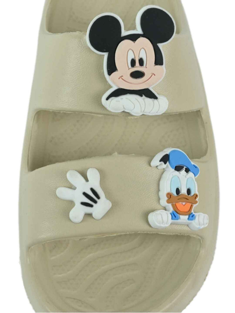 Yellow Bee Boys’ Disney Mickey Mouse, Donald Duck Slides with Glove Charms – Beige-Front View