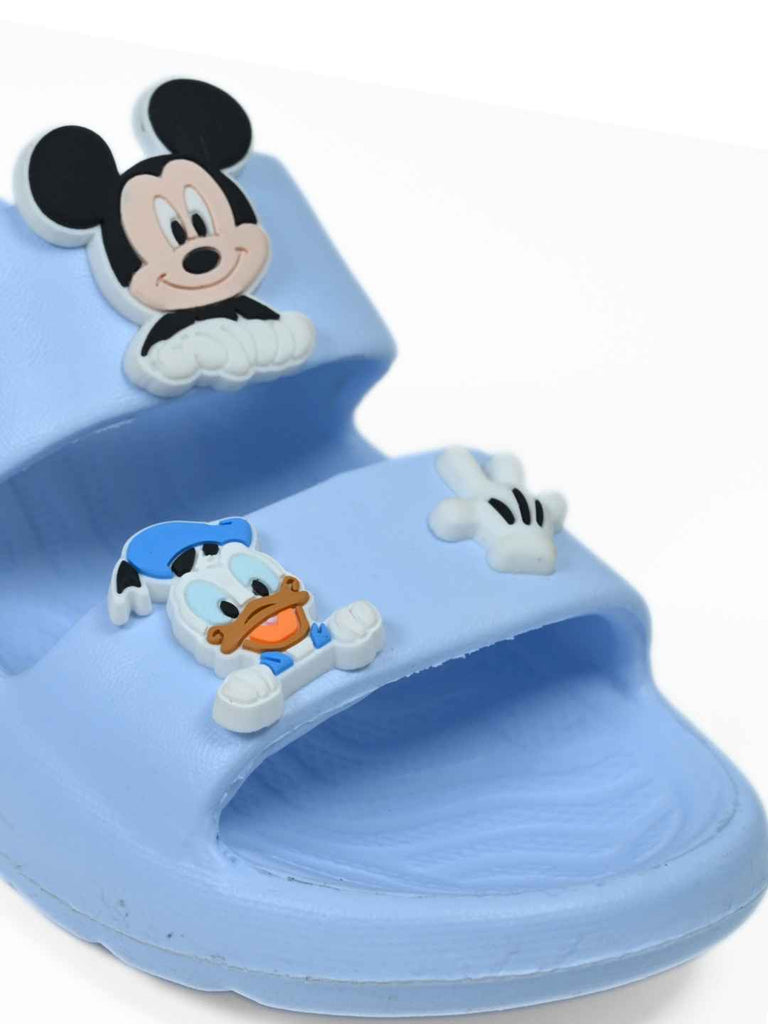 Yellow Bee Boys’ Disney Mickey Mouse, Donald Duck Slides with Glove Charms- Blue-Close up view