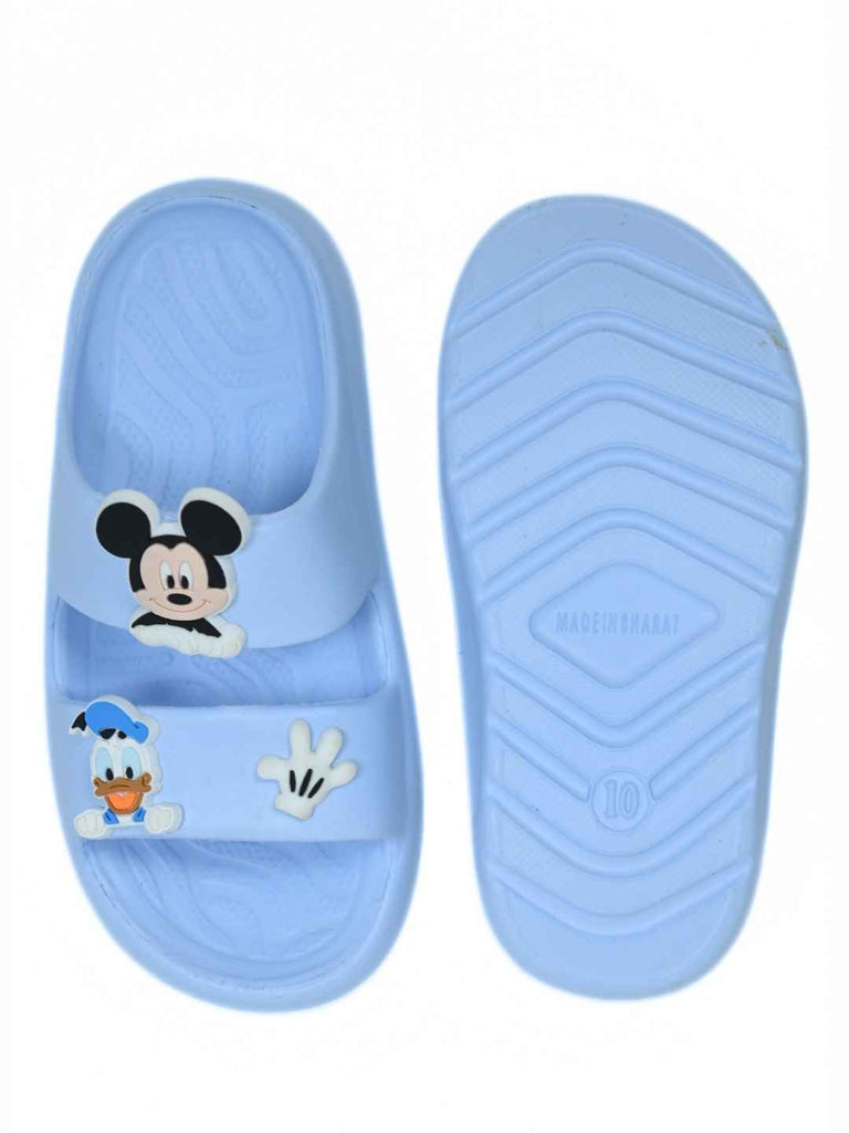 Yellow Bee Boys’ Disney Mickey Mouse, Donald Duck Slides with Glove Charms- Blue-Front & Back View